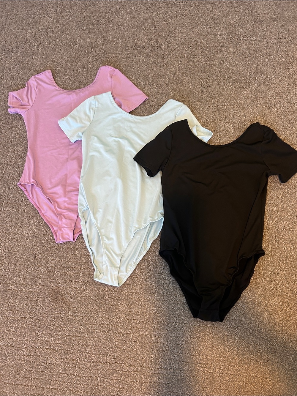 Girls' Short Sleeve Dance Bodysuit 3-Pack — Purple, Light Blue & Black